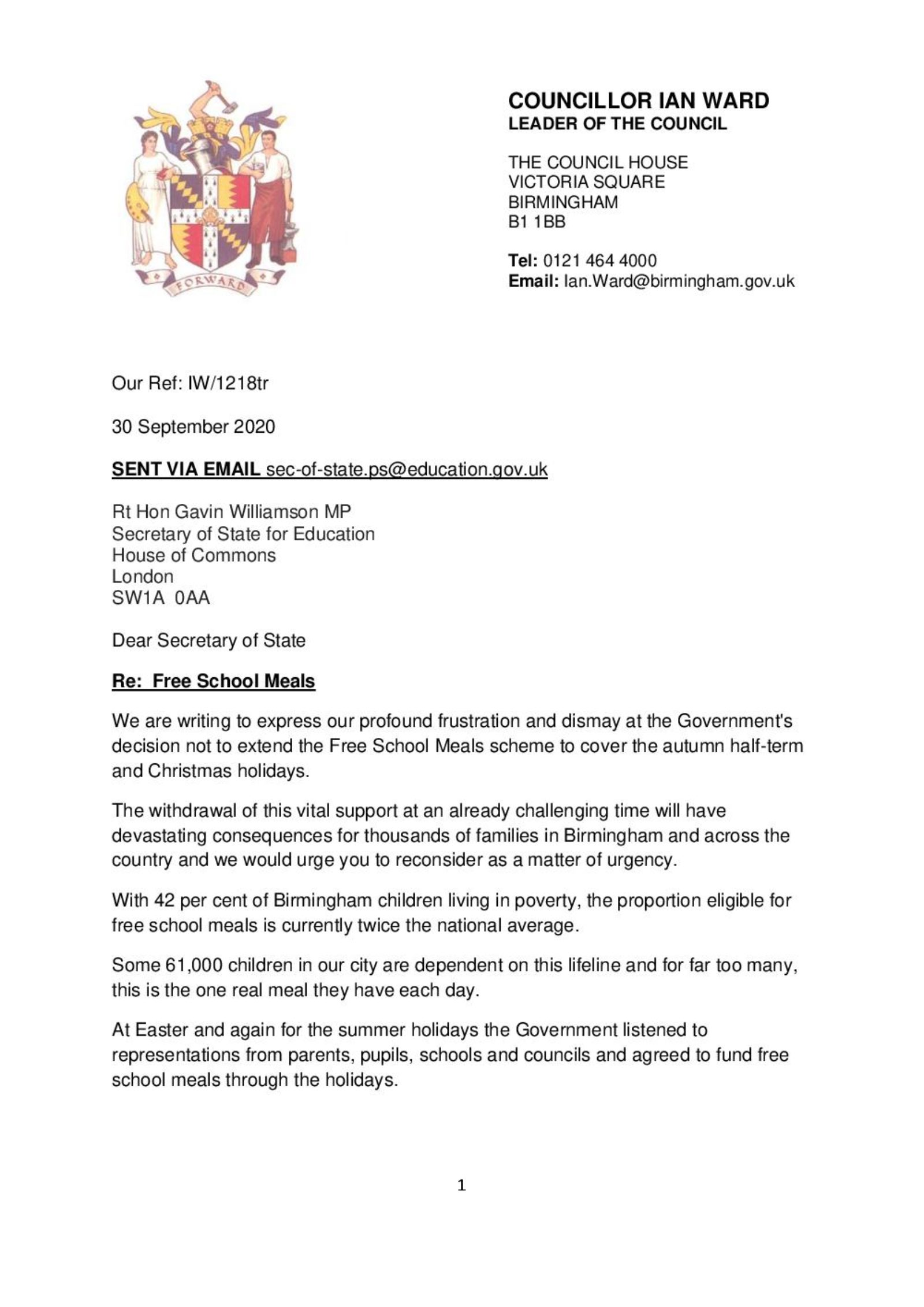 Our letter calling for help for pupils eligible for free school meals